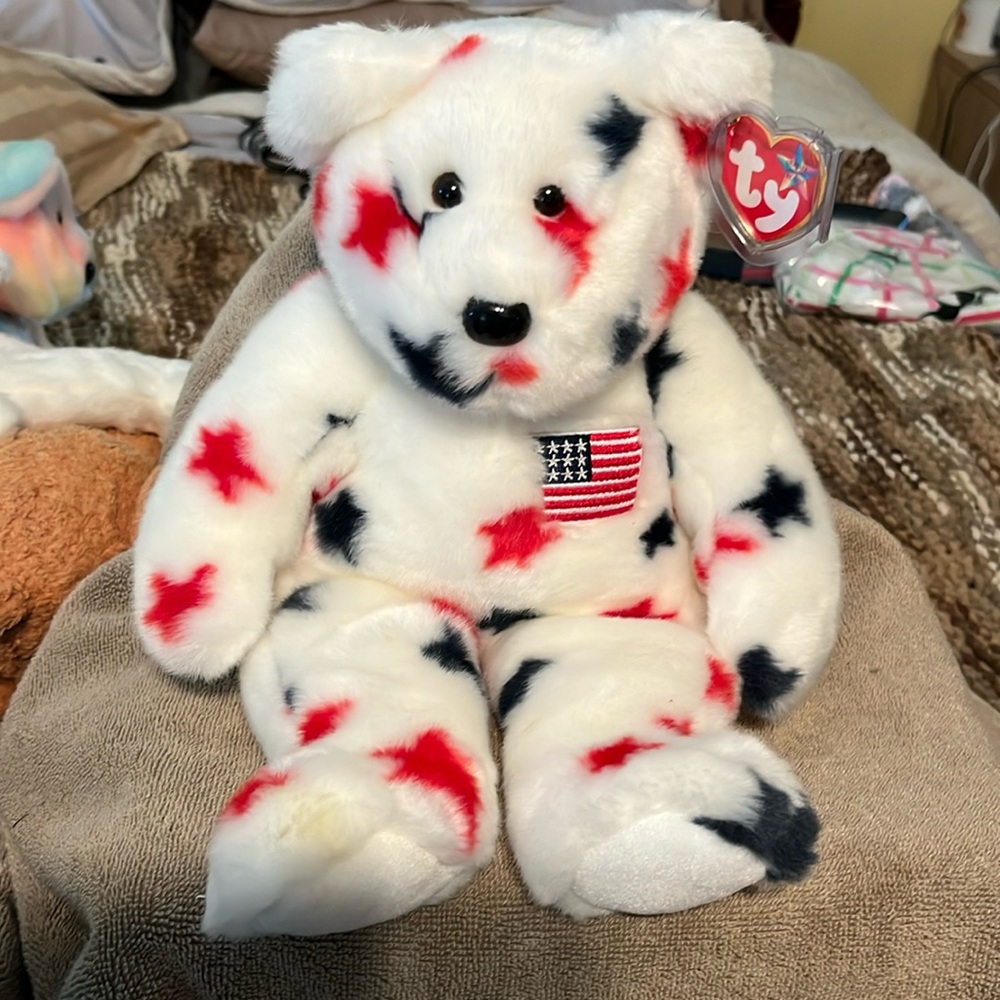 Ty Beanie Buddy Glory white bear red and blue stars with American flag patriotic
